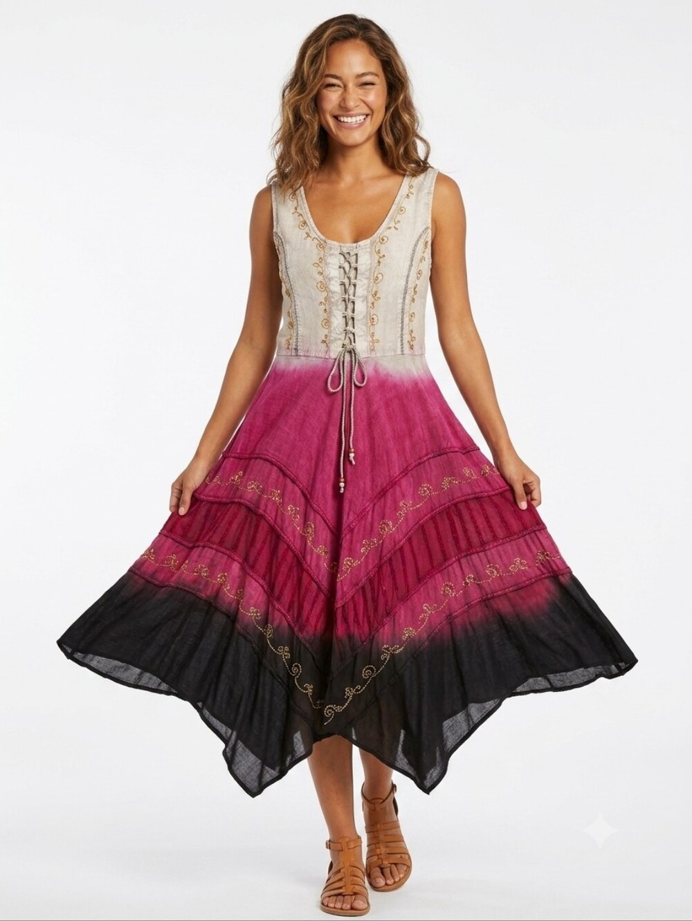 Fashion Terminal Sleeveless Ombre Lace-Up Boho Dress in Pink and Black